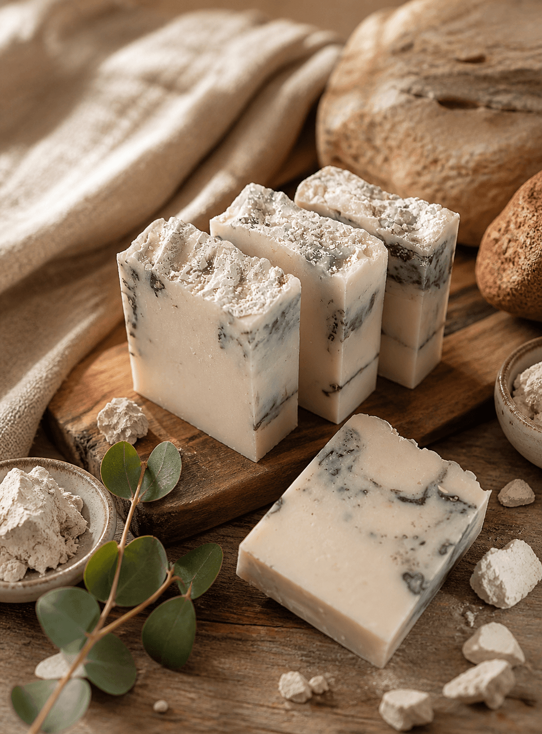Sabonetes artesanais de argila em tons de creme e cinza sobre tábua de madeira, com ramo de eucalipto e argila em pó