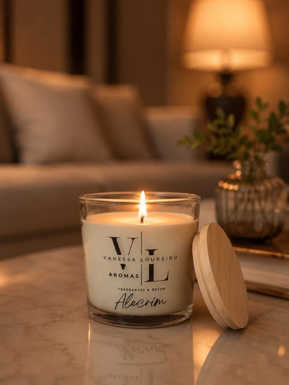 Vela aromática VL Aromas da linha Alecrim, em copo de vidro com cera branca e chama acesa, tampa de madeira ao lado, sobre mesa de mármore em sala aconchegante iluminada por abajur