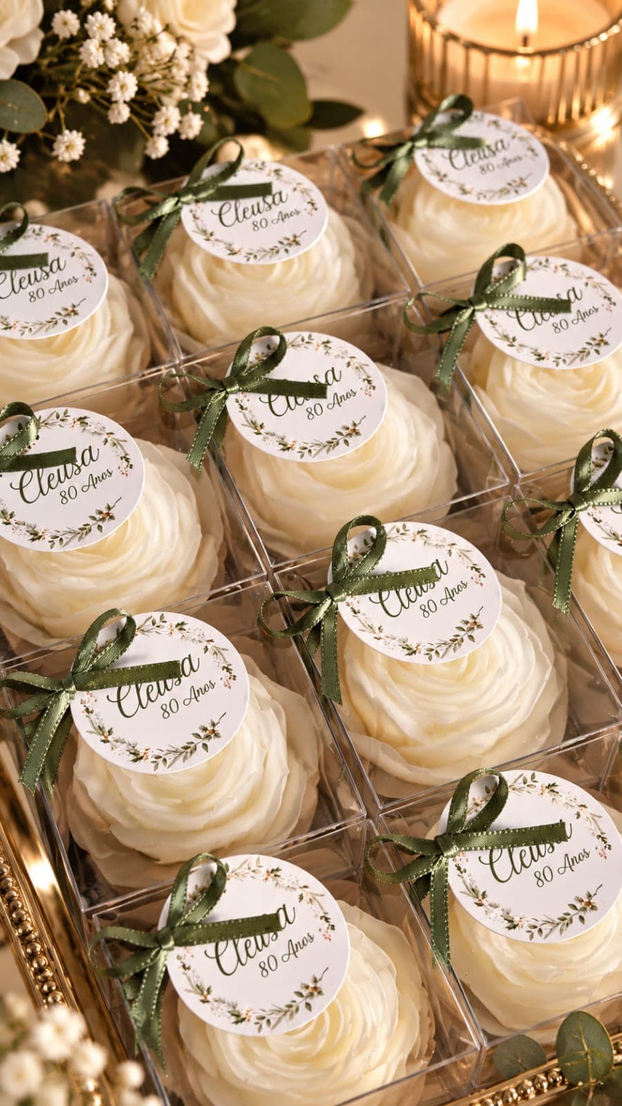 Caixa com nove lembrancinhas aromáticas em formato de rosa branca, cada uma com laço verde e tag personalizada “Cleusa 80 anos”, apresentadas sobre bandeja dourada